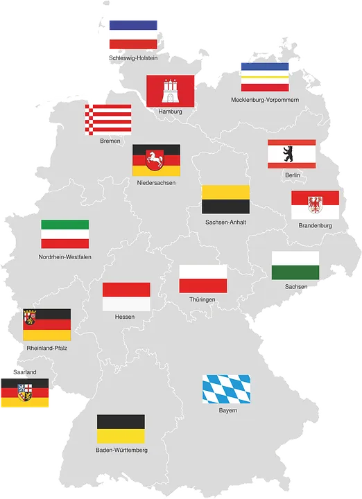 Karte von Deutschland mit den Flaggen aller sechzehn Bundesländer